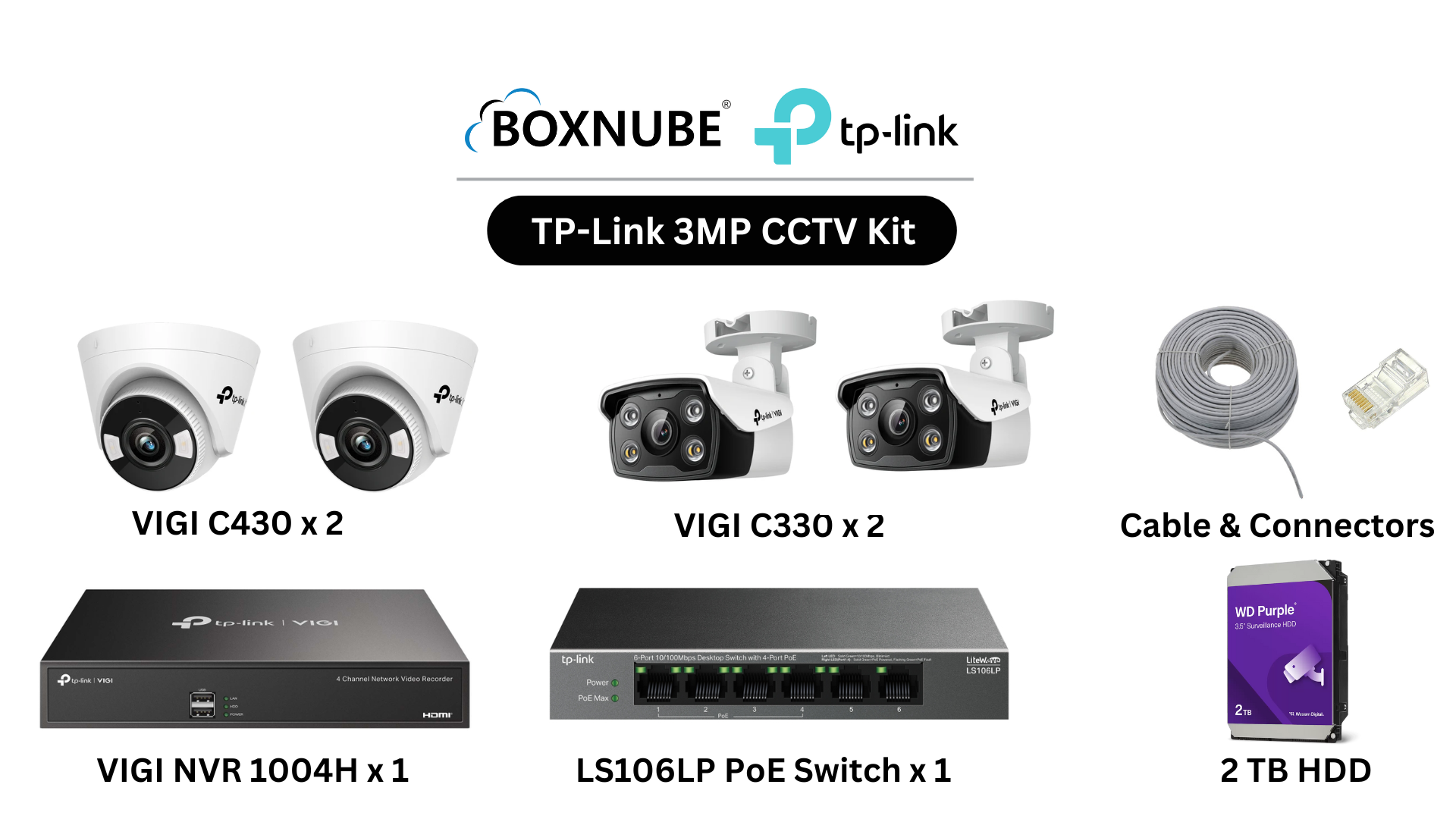 TP-Link VIGI 3MP Full HD 4 Camera Kit Bundle | 2x C330, 2x C430, 1x 4 Channel NVR, 1x 4 Port PoE Switch, 100M CAT6 Cable & RJ45 Connectors TP-Link VIGI 3MP Full HD 4 Camera Kit Bundle | 2x C330, 2x C430, 1x 4 Channel NVR, 1x 4 Port PoE Switch, 100M CAT6 Cable & RJ45 Connectors